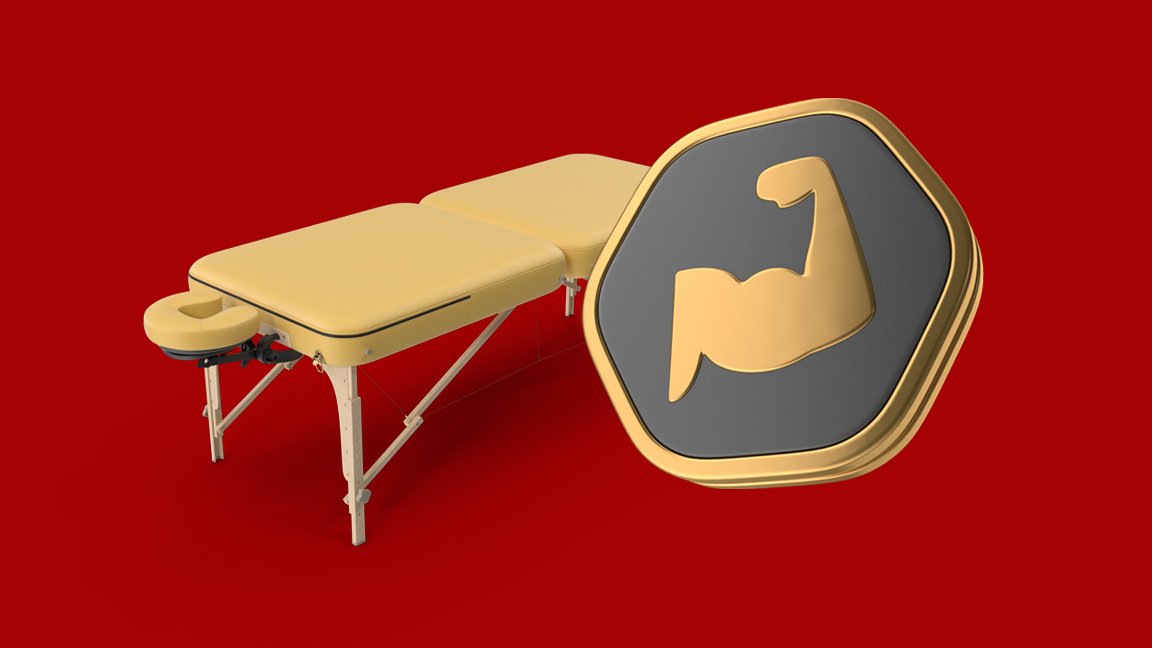 3d folding massage therapy table with gold strong muscle 3d icon on red dark background