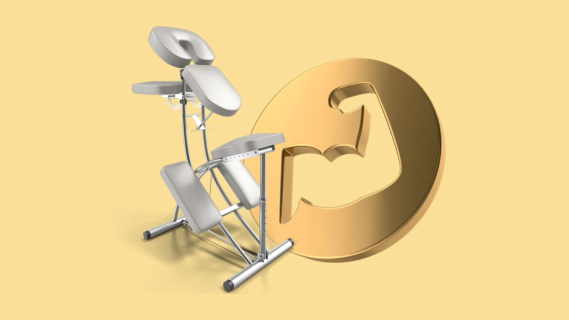 3d folding sports massage therapy table presented with gold strong muscle 3d icon
