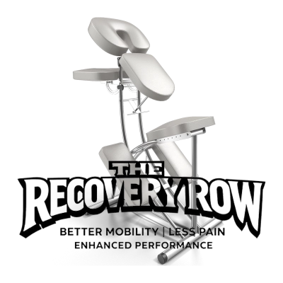 silver 3d folding massage chair with the recovery row company logo graphic in front